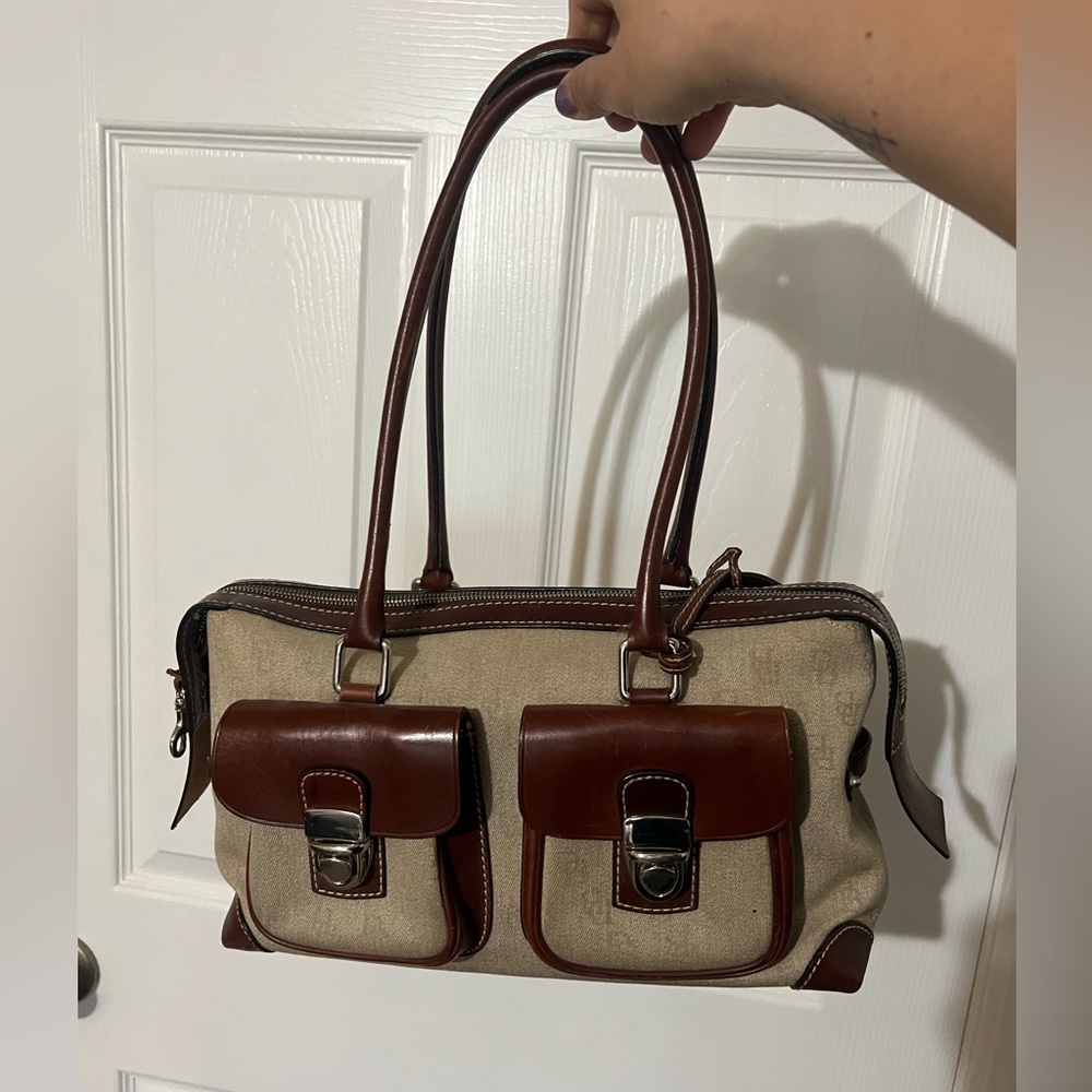 Vintage Dooney & Bourke Signature Logo Double Pocket Brown Canvas Leather Bag